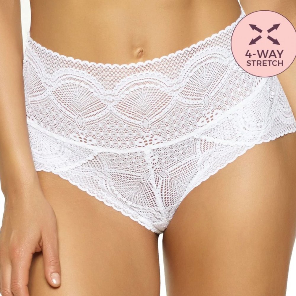 Felina-Finesse Super Stretch Mock-Wrap Brief Lace Panty. In White